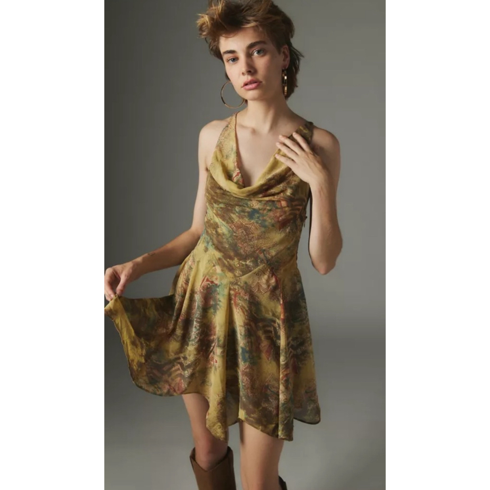 silence + noise Yellow Multi Print Cowl Neck Mini Dress